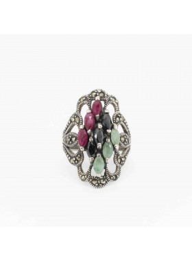 RING WITH ONYX, RUBIES AND EMERALDS